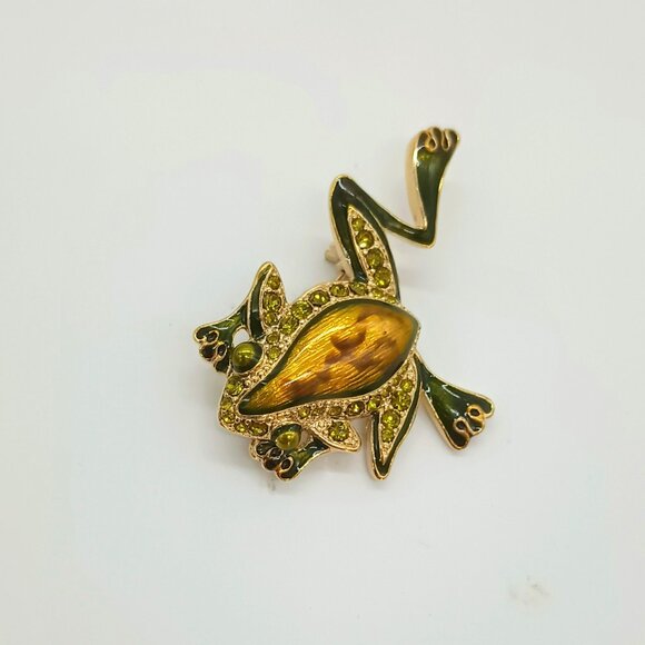 Liz Claiborne Leaping Frog Brooch Vintage Gold Tone Pin with Green Rhinestones - Picture 6 of 6